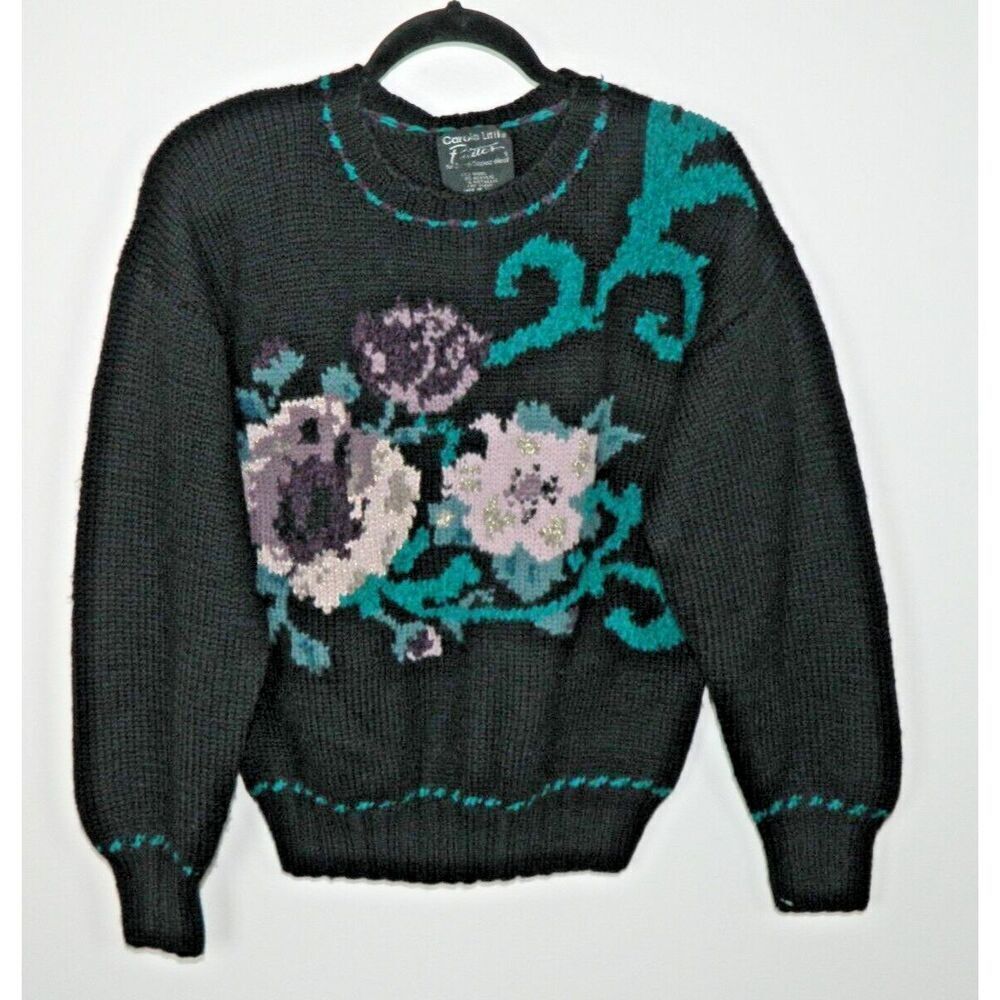 Vintage Carole Little Sweater Size Medium Black‎ Floral Granny Chunky Hand Knit